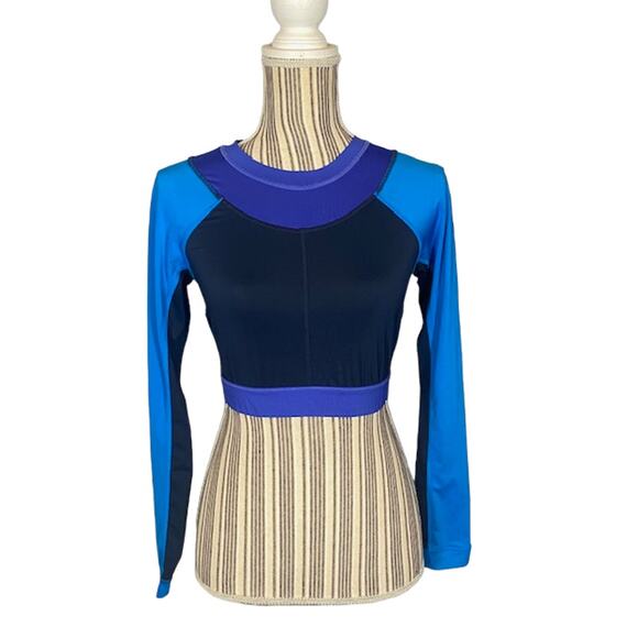 Joy Lab Blue Multi-Color Block Athletic Cut Out Long Sleeve Crop Top Women SZ S - Picture 1 of 8